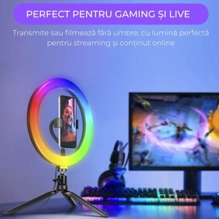 Ring Light Lampa Circulara REVOSE™, Diametru 26cm/10inch LED, Lumina Naturala/Rece/Calda, 15 culori RGB, Trepied Inclus, Telecomanda Bluetooth [4]