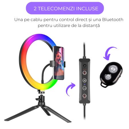Ring Light Lampa Circulara REVOSE™, Diametru 26cm/10inch LED, Lumina Naturala/Rece/Calda, 15 culori RGB, Trepied Inclus, Telecomanda Bluetooth [9]