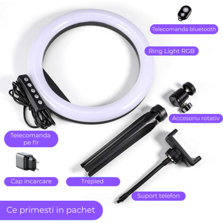 Ring Light Lampa Circulara REVOSE™, Diametru 26cm/10inch LED, Lumina Naturala/Rece/Calda, 15 culori RGB, Trepied Inclus, Telecomanda Bluetooth [10]