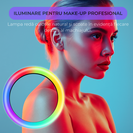 Ring Light Lampa Circulara REVOSE™, Diametru 26cm/10inch LED, Lumina Naturala/Rece/Calda, 15 culori RGB, Trepied Inclus, Telecomanda Bluetooth [12]