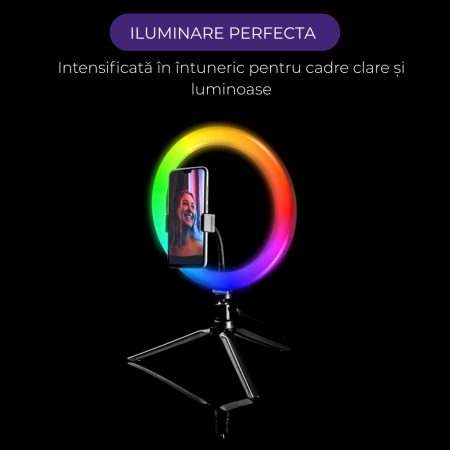 Ring Light Lampa Circulara REVOSE™, Diametru 26cm/10inch LED, Lumina Naturala/Rece/Calda, 15 culori RGB, Trepied Inclus, Telecomanda Bluetooth [5]