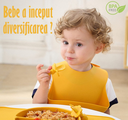 Set Complet Diversificare din Silicon, Farfurie cu Tacamuri, Bavetica, Cana-Pahar, Bol cu Lingura si Furculita, Bej [14]