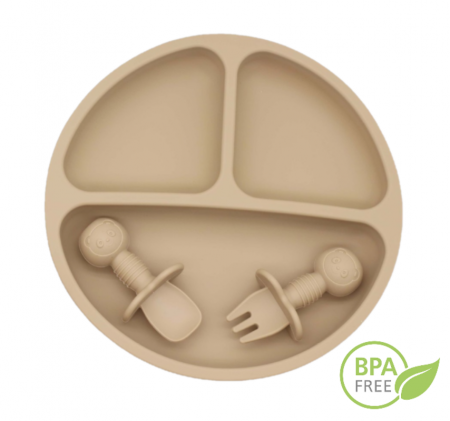 Set Complet Diversificare din Silicon, Farfurie cu Tacamuri, Bavetica, Cana-Pahar, Bol cu Lingura si Furculita, Bej [11]