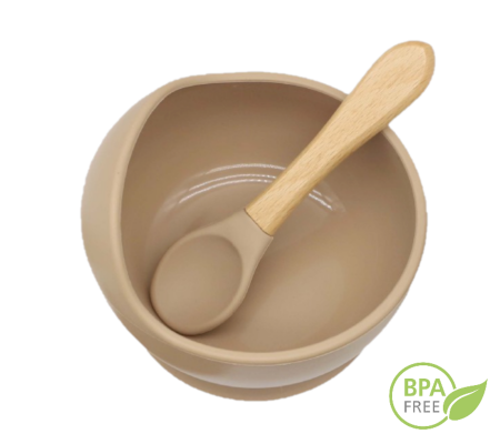 Set Complet Diversificare din Silicon, Farfurie cu Tacamuri, Bavetica, Cana-Pahar, Bol cu Lingura si Furculita, Bej [10]