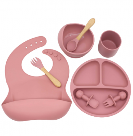 Articole hranire bebelusi - Set Complet Diversificare din Silicon, Farfurie cu Tacamuri, Bavetica, Cana-Pahar, Bol cu Lingura si Furculita, Dark Pink