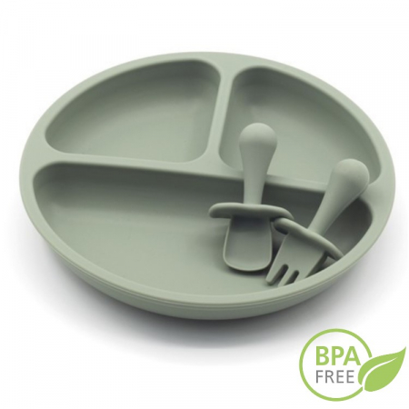 Set Complet Diversificare din Silicon, Farfurie cu Tacamuri, Bavetica, Cana-Pahar, Bol cu Lingura si Furculita, Olive [11]