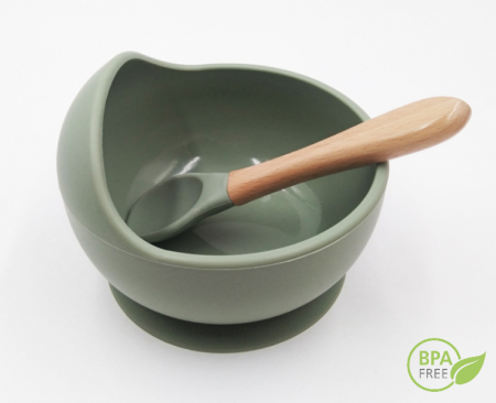 Set Complet Diversificare din Silicon, Farfurie cu Tacamuri, Bavetica, Cana-Pahar, Bol cu Lingura si Furculita, Olive [12]