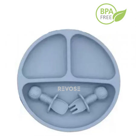 Set Complet Diversificare din Silicon REVOSE™, Farfurie cu Tacamuri, Bavetica, Cana-Pahar, Bol cu Lingura si Furculita, Dusty Blue [12]