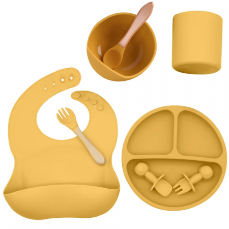 Articole hranire bebelusi - Set Complet Diversificare din Silicon REVOSE™, Farfurie cu Tacamuri, Bavetica, Cana-Pahar, Bol cu Lingura si Furculita, Mango