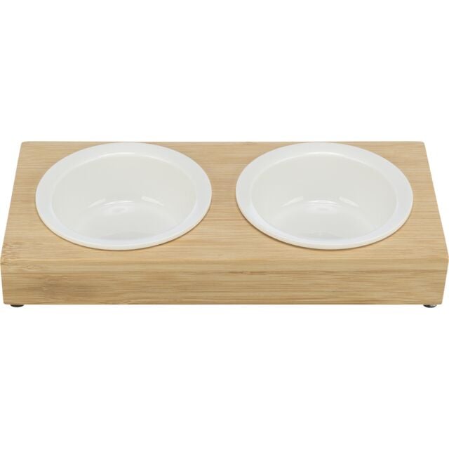 Bol Ceramic cu Suport din Bambus, pentru pisici,2 x 0.25 l / 12 cm / 30 x 5 x 14 cm, Alb/Bej, 24539 [1]