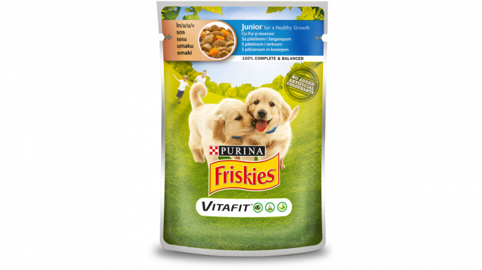 Friskies Plic hrană umedă pt căţei JUNOR, cu Pui şi Morcovi în aspic 100g [2]