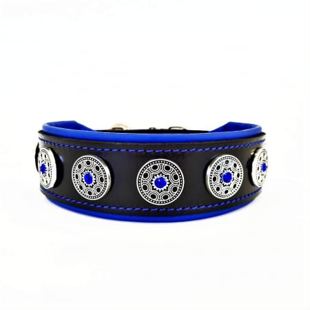 Accesorii caini - Zgarda Bijou, Piele Naturala, M: 42.5-50 cm, Negru/Albastru, pentru Pug, Bulldog, Retriever, etc