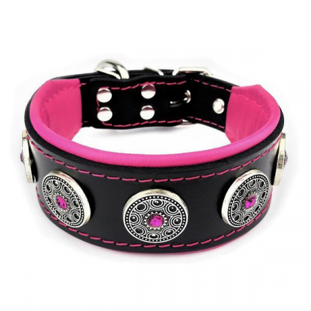 Accesorii caini - Zgarda Bijou, Piele Naturala, M: 42.5-50 cm, Negru/Roz, pentru Pug, Bulldog, Retriever, etc
