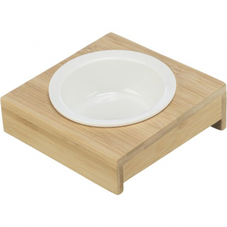 Accesorii - Bol Ceramic cu Suport din Bambus, 0.25 l /  12 cm / 15 x 5 x 15 cm, Alb/Bej, 24538