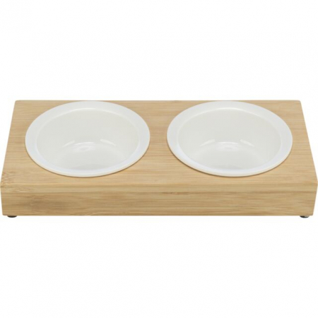 Bol Ceramic cu Suport din Bambus, pentru pisici,2 x 0.25 l / 12 cm / 30 x 5 x 14 cm, Alb/Bej, 24539