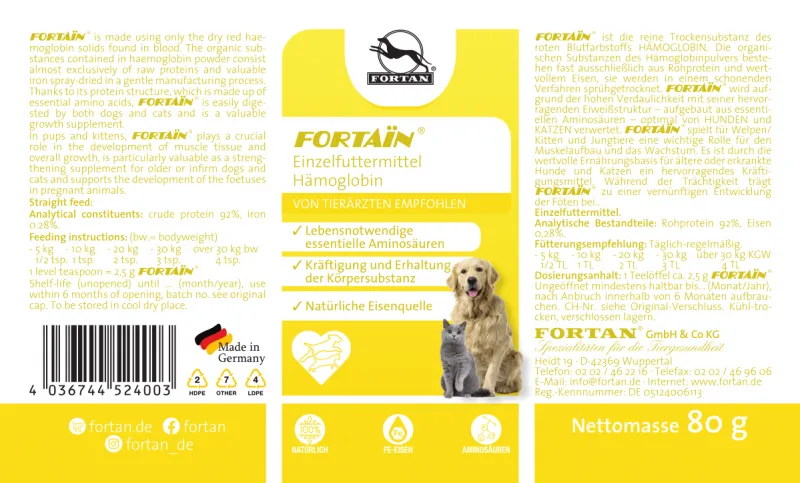 Fortaïn Hemoglobin 80g,  Supliment Nutritiv pudra pentru Câini și Pisici [2]
