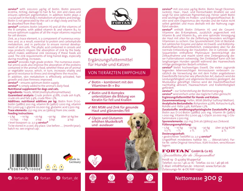 FORTAN Cervico pentru câini și pisici – Biotină, vitamine B și zinc pentru hrănire zilnica,300g [2]