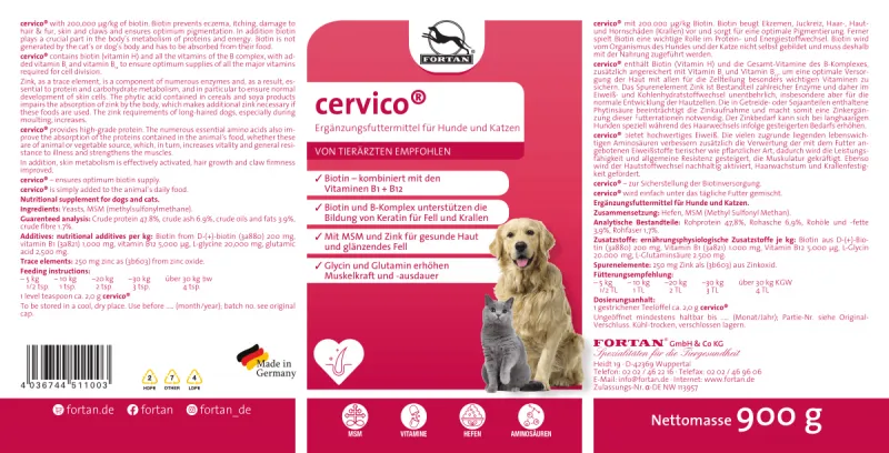 FORTAN Cervico pentru câini și pisici – Biotină, vitamine B și zinc pentru hrănire zilnică,900g [2]