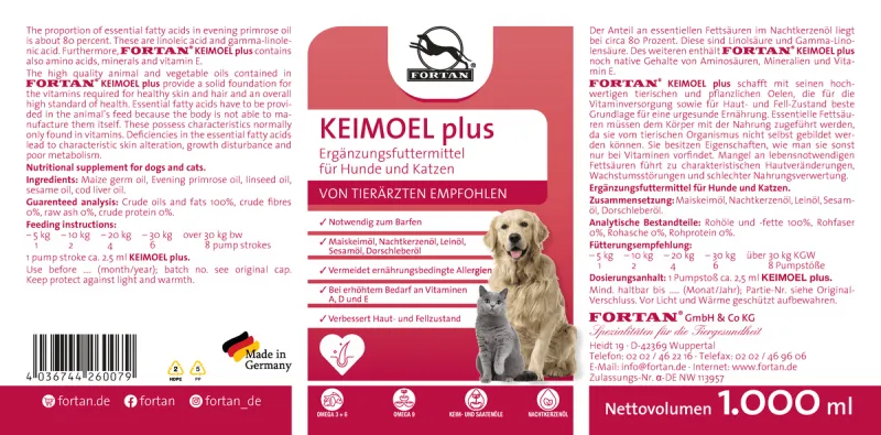 FORTAN Keimöl plus 1L – Supliment nutritiv lichid pentru câini și pisici [2]