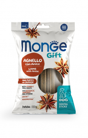 Recompense caini - Monge Gift Dental Sticks, pentru Caini Junior, S, cu Miel si Anason, 120 g