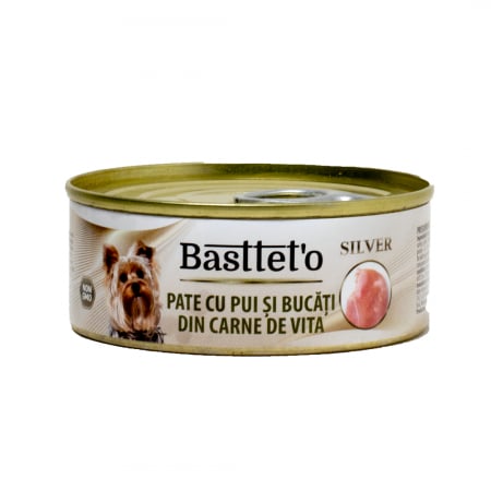 Hrana umeda - Hrana umedă premium pentru câini: Basteto Silver Pate cu Pui și Bucăți de Vită, 85g