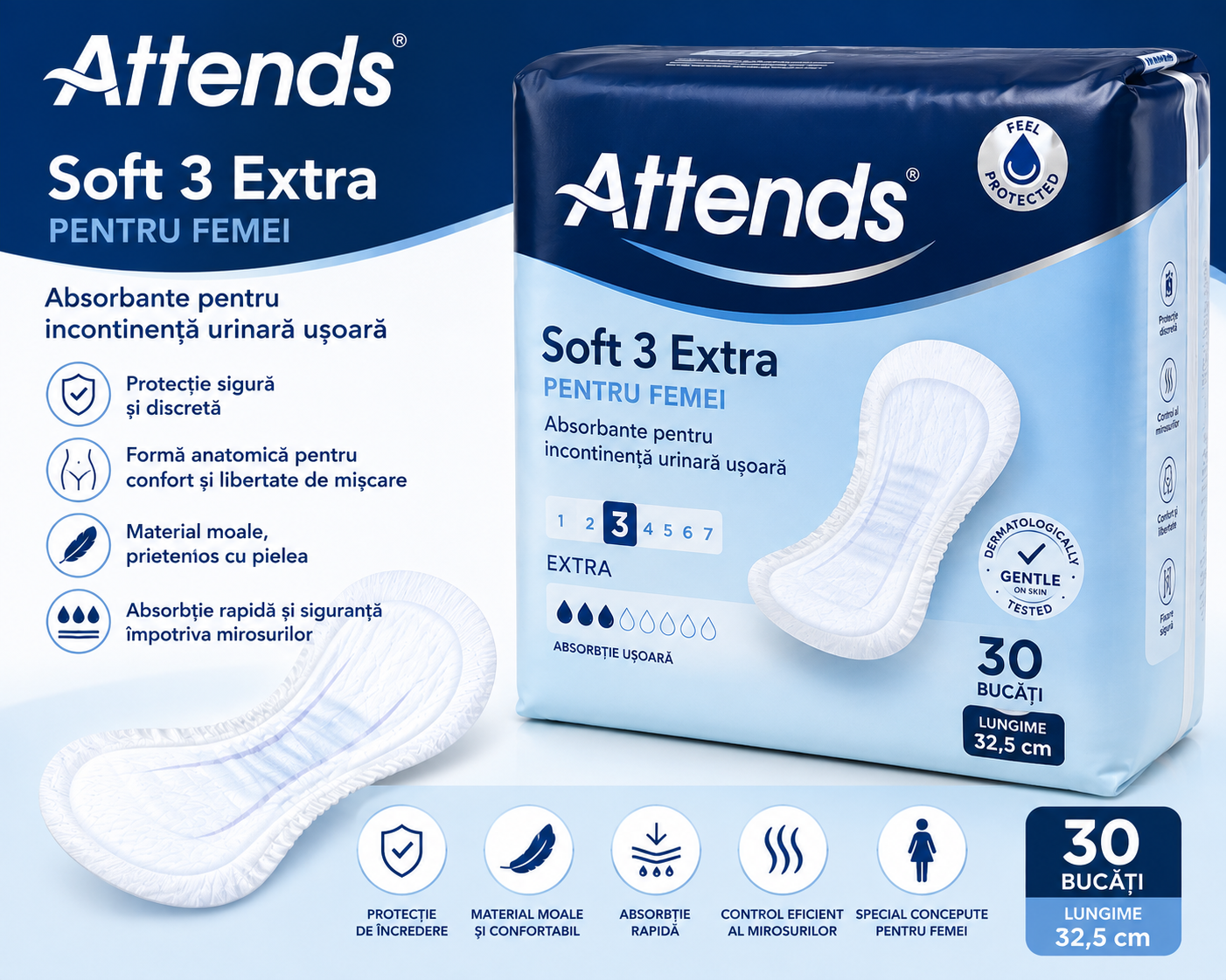 Attends Soft 3 Extra pentru femei - Absorbante pentru incontinență urinară, 30 buc.
