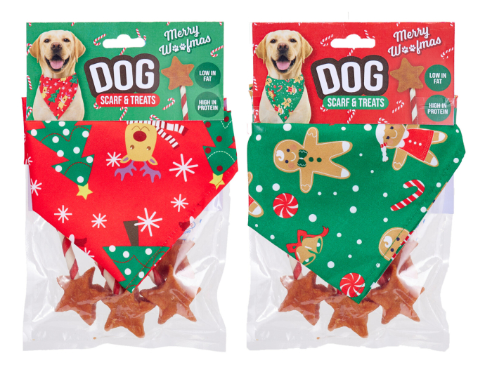 Cadou de Crăciun pentru câini „Dog Scarf and Chicken Stars”, cu eșarfă festivă și recompense cu pui, 75 g [2]