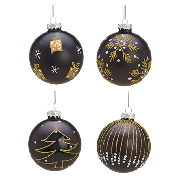 Glob de Crăciun „Midnight Gold”, din sticlă, negru cu detalii aurii, 8 cm, 4 modele asortate [2]