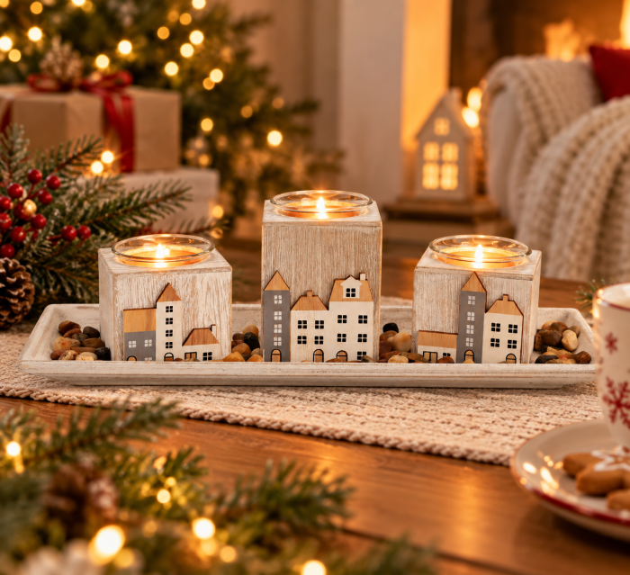 Set 3 suporturi pentru lumânări  în formă de casuțe „Winter Town”, cu tavă și pietre decorative [3]
