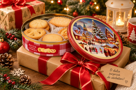 Dulciuri si Delicatese - Biscuiți cu aromă de unt în cutie cadou - Christmas Village, 114 g