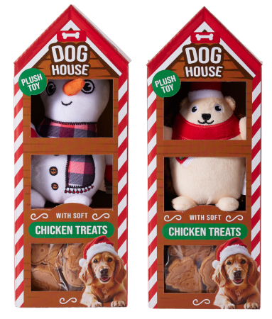 Cadouri pentru Câini și Pisici - Cadou de Crăciun pentru câini Dog House – recompense cu pui, 80g + jucărie de pluș
