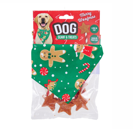 Cadouri pentru Câini și Pisici - Cadou de Crăciun pentru câini „Dog Scarf and Chicken Stars”, cu eșarfă festivă și recompense cu pui, 75 g