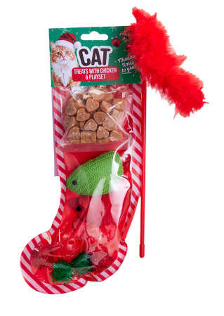 Cadouri pentru Câini și Pisici - Cadou de Crăciun pentru pisici „Festive Cat Stocking”, cu recompense din pui și somon și jucărie, 50 g