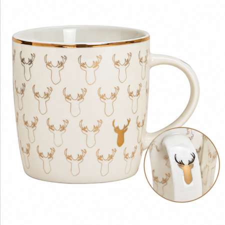 CRACIUN - Cană de Crăciun „Golden Reindeer”, din porțelan, 340 ml, 2 modele asortate