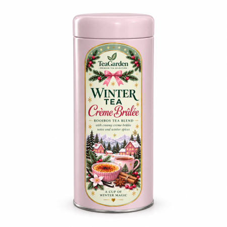 CRACIUN - Ceai de Crăciun Winter Crème Brûlée – rooibos cu note de crema caramel și vanilie, în cutie metalică roz, 70 g