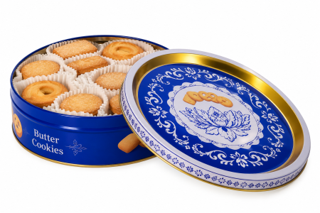 Cadouri Gourmet - Cutie cadou cu biscuiți „Butter Flavour Cookies”, cu aromă de unt, 340 g, cutie metalică decorativă albastră