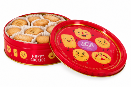 Cadouri Gourmet - Cutie cadou cu biscuiți „Butter Flavour Cookies Happy”, cu aromă de unt, în cutie metalică roșie, 340 g