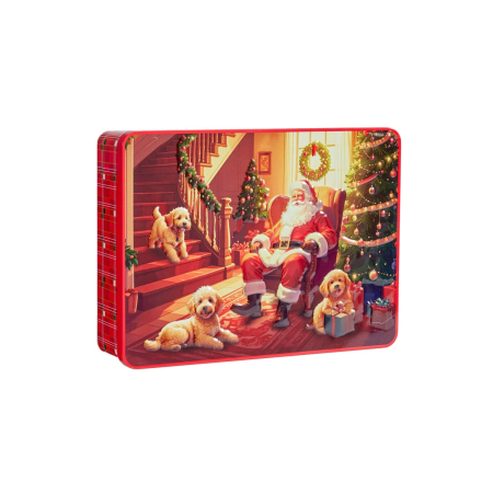 Cadouri cu Gust - Cutie metalică de Crăciun cu biscuiți aromați cu unt – Moș Crăciun cu căței / Tren de Crăciun, 300g