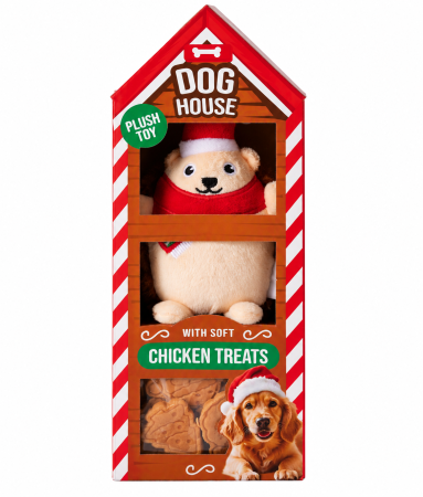 Cadouri pentru Câini și Pisici - Cadou de Crăciun pentru câini Dog House – recompense cu pui, 80g + jucărie de pluș