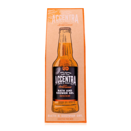 Cadouri cu Gust - Gel de duș pentru bărbați Accentra Men's Collection, 360 ml – Amberwood, în cutie cadou tip sticlă de bere