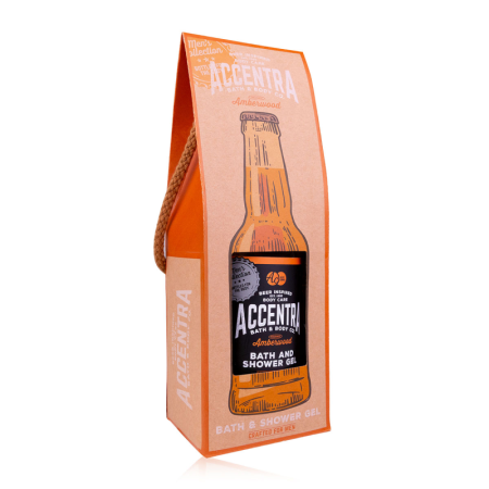 Gel de duș pentru bărbați Accentra Men's Collection, 360 ml – Amberwood, în cutie cadou tip sticlă de bere [2]