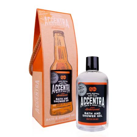 Cadouri cu Gust - Gel de duș pentru bărbați Accentra Men's Collection, 360 ml – Amberwood, în cutie cadou tip sticlă de bere