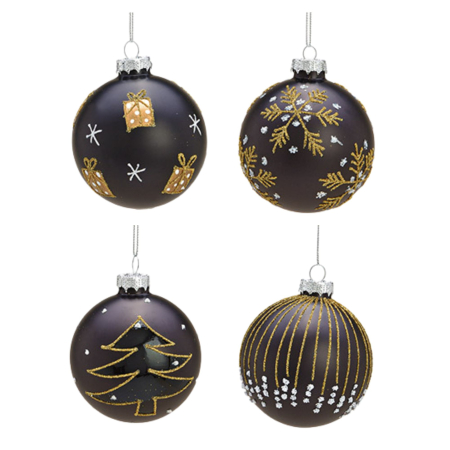 Casă & Decorațiuni - Glob de Crăciun „Midnight Gold”, din sticlă, negru cu detalii aurii, 8 cm, 4 modele asortate