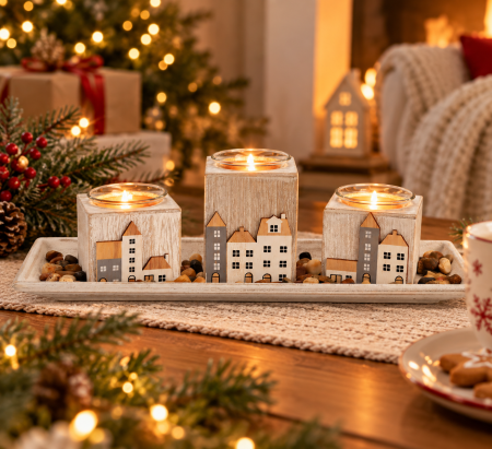 Set 3 suporturi pentru lumânări  în formă de casuțe „Winter Town”, cu tavă și pietre decorative [2]
