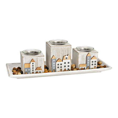 CRACIUN - Set 3 suporturi pentru lumânări  în formă de casuțe „Winter Town”, cu tavă și pietre decorative