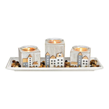 CRACIUN - Set 3 suporturi pentru lumânări  în formă de casuțe „Winter Town”, cu tavă și pietre decorative