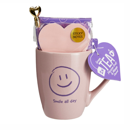 Cani si cesti - Set cadou, cană din ceramică cu ceai verde,  „Happy Notes Mug”, 255 ml, 3 g, 2 modele asortate