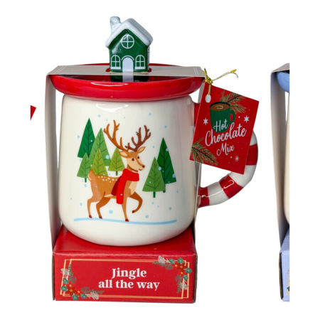 Cadouri cu Gust - Set cadou de Crăciun – cană cu capac, ciocolată caldă cu aromă de vanilie și mini bezele moi, 45g