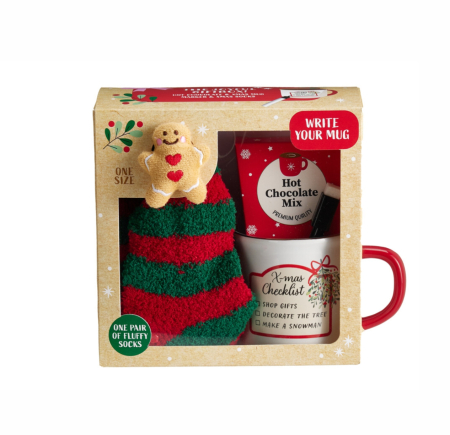 CRACIUN - Set cadou „Joyfull Giftbox'' – cană personalizabilă, ciocolată caldă cu aromă de vanilie și șosete de Crăciun, 2 modele asortate