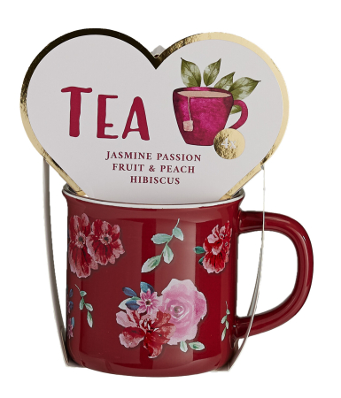 Cani si cesti - Set cadou Red Flowers – cană cu model floral și 4 pliculețe de ceai verde, 8g